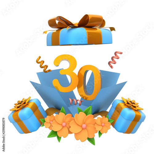 3D Rendered Thirty Year Anniversary Celebration Gift Box Illustration with Decorative Flowers and Festive Confetti for Birthday Events