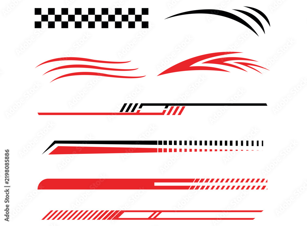 Fototapeta premium Set of racing car decals, vinyl stickers, and speed stripes graphic vectors.