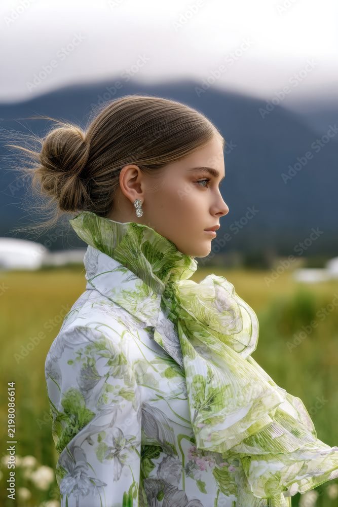 Obraz premium Elegant woman floral dress green outdoor mountain serene profile young fashion
