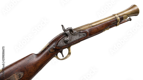 Antique blunderbuss flintlock gun with brass barrel, vintage pirate firearm on white background, historical muzzleloader weapon with wooden stock