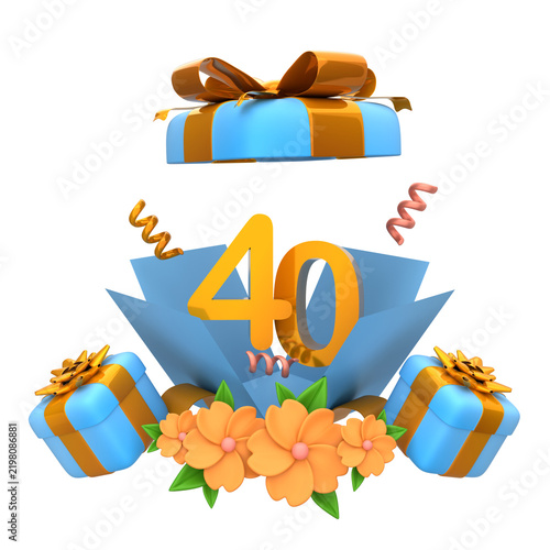 Vibrant 3D illustration celebrating a significant 40-year milestone with festive gift boxes, golden numbers, and joyful confetti, perfect for anniversaries and birthdays