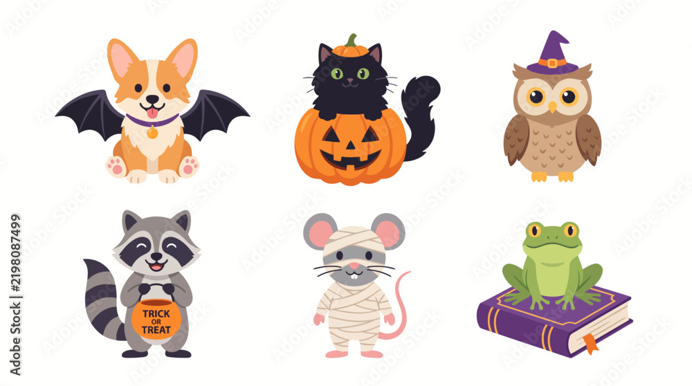 Fototapeta premium Set of cute cartoon animals dressed in Halloween costumes for holiday celebration.