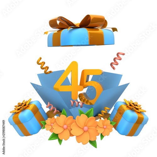Beautiful 3D illustration of number forty five popping out from an open blue gift box with flowers and confetti for 45th anniversary
