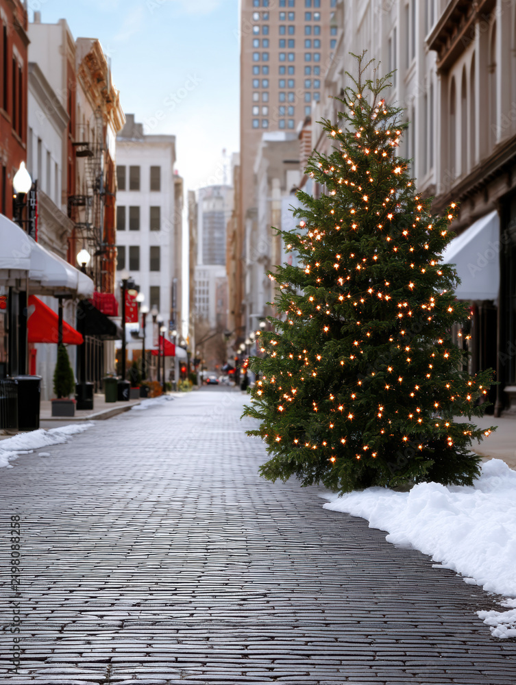 Fototapeta premium Christmas tree downtown city street winter snow festive holiday lights