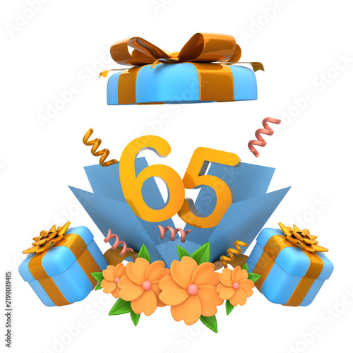 Vibrant 65th Birthday or Anniversary Celebration with Pop-Up Gift Box, Confetti, and Elegant Floral Decorations for a Joyous Milestone Event