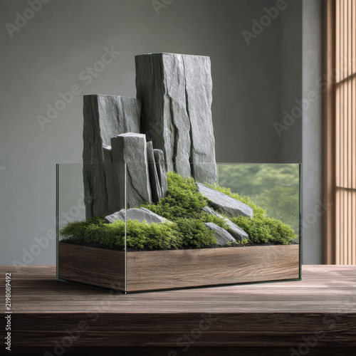 Modern minimalist terrarium high fidelity glass moss stone wood natural geometric Modern minimalist terrarium with high