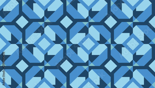 Contemporary geometric pattern composed of repeating octagonal shapes, diamonds, triangular facets, and interlocking angular forms in contrasting shades of blue.