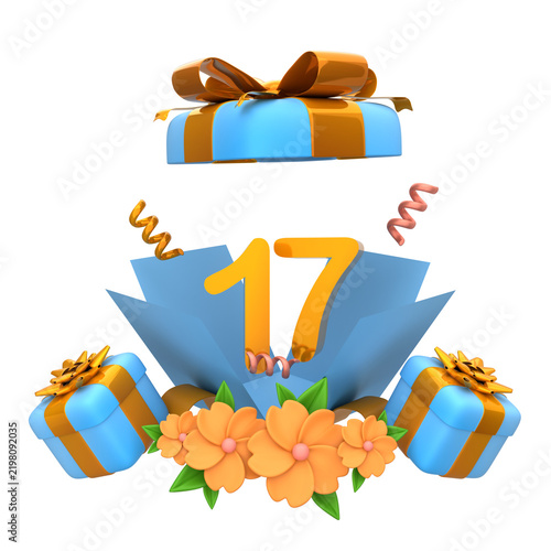 3D 17th Birthday Celebration Graphic with Blue Gift Boxes, Golden Ribbons, and Orange Flowers