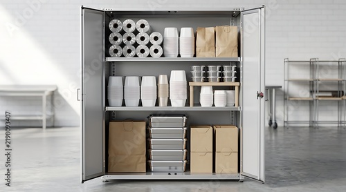 Organized Commercial Kitchen Storage Cabinet with Catering Supplies, Disposable Food Containers, Paper Bags, and Stainless Steel Trays in a Professional Restaurant or Hospitality Warehouse Setting