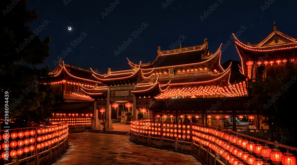 Obraz premium Traditional chinese temple illuminated by numerous glowing red lanterns at night with traditional architecture asian culture lantern festival buddhist temple