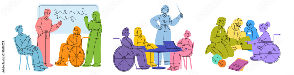 Obraz premium Inclusive classrooms in doodle style. Teachers with diverse students, wheelchair users during shared educational activity. Vector group interaction, cooperation and equal learning opportunities