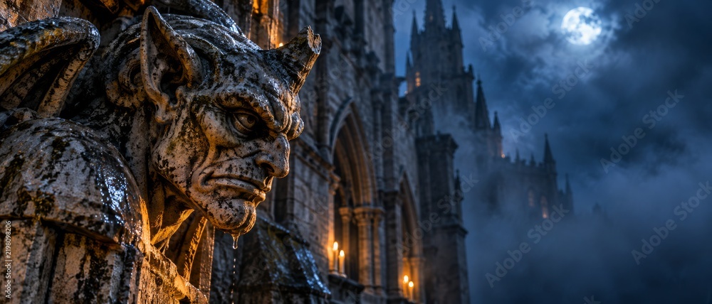 Obraz premium Stone gargoyle sits menacingly on a castle parapet at night. A mysterious, gothic castle with glowing windows stands in the background. The scene evokes dark fantasy, horror, and medieval themes