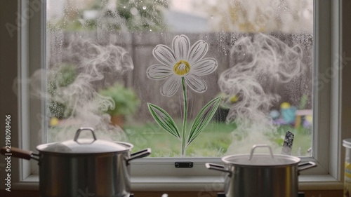 Kitchen Window Flower Drawing While Cooking Steam