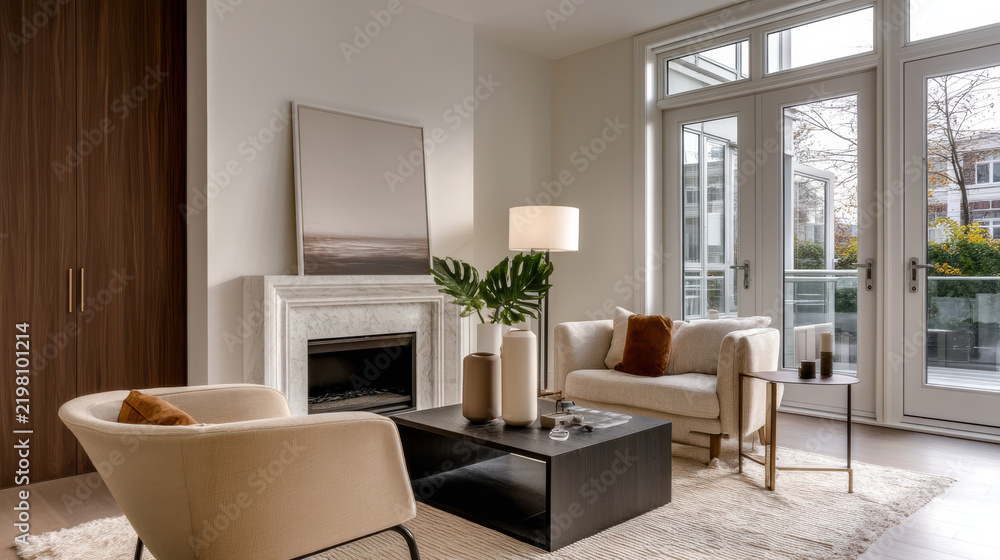 Obraz premium Modern living room with beige armchair, white sofa, black coffee table, large window, indoor plant, cozy atmosphere