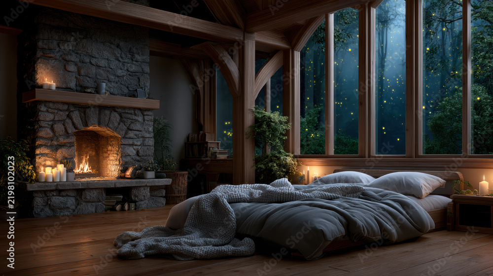 Obraz premium Cozy enchanted cottage bedroom with fireplace, wooden floor, large windows, night forest view, peaceful mood