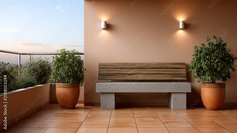 Obraz premium Modern terrace with wooden bench, potted plant, tile floor, wall light, outdoor, peaceful, sunset view