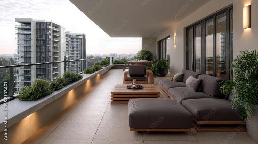 Obraz premium Modern terrace outdoor sofa city view glass railing potted plant luxury apartment evening light relaxation