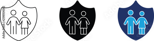 Bild auf Leinwand Family protection and life insurance icon set featuring a couple inside a security shield, minimal symbols for safety and social security in outline, solid, and duotone styles