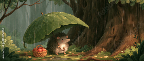 A charming and whimsical digital illustration depicting a small, adorable hedgehog sheltering from the gentle rain under a giant green leaf umbrella in a lush, verdant forest, with a basket