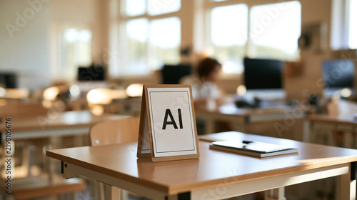 A small sign with AI text stands on a wooden desk in a modern classroom with bright natural light. Ideal for education technology and artificial intelligence.