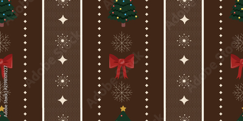 Elegant Christmas Seamless Pattern with Christmas Trees, Red Bows, Snowflakes and Sparkles