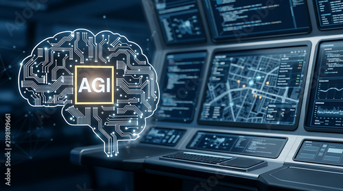 Artificial General Intelligence AGI Era Concept. AGI Digital Brain Hologram copy space