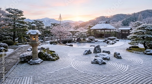 Snowy traditional japanese zen garden with stone lantern and raked gravel