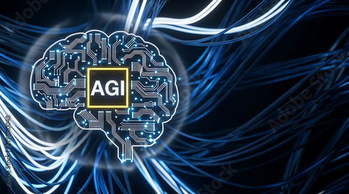 Artificial General Intelligence AGI Era Concept. AGI Digital Brain Hologram copy space
