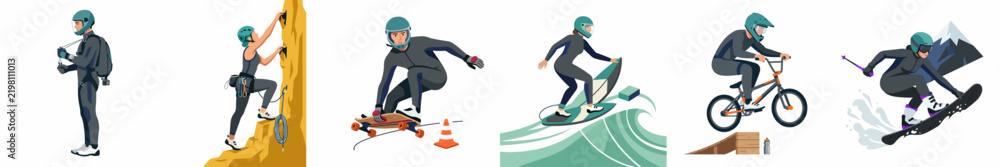 Obraz premium Set of vector illustrations showcasing various extreme sports like rock climbing, surfing, snowboarding, BMX, and downhill skateboarding for active lifestyle concepts.