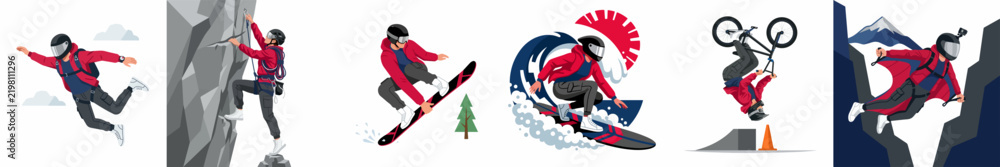Obraz premium Collection of vector illustrations depicting various extreme sports including rock climbing, surfing, snowboarding, wingsuit flying, skydiving, and mountain biking.