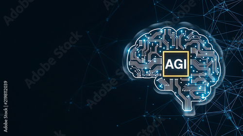 Artificial General Intelligence AGI Era Concept. AGI Digital Brain Hologram copy space