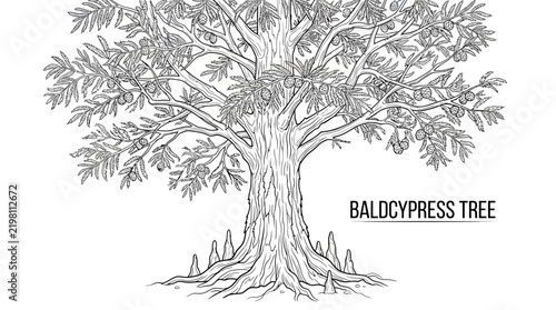 Foto Very beautiful black and white realistic vector illustration of a Baldcypress tr