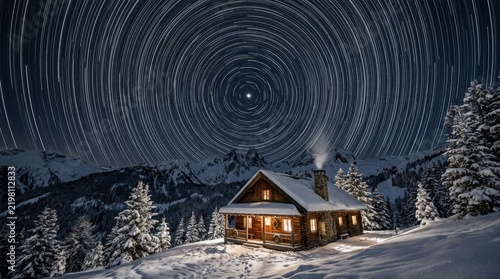 Wooden cabin in snowy mountains under a star filled night sky with star trails