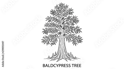 Obraz na plátne Very beautiful black and white realistic vector illustration of a Baldcypress tr