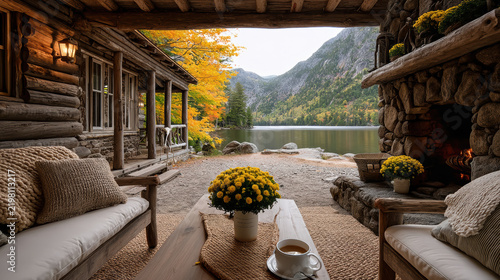 Rustic cabin wooden porch stone fireplace autumn forest mountain lake cozy seating yellow flowers tranquil retreat