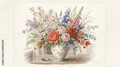 A beautiful bouquet of flowers in a vase, placed on a wooden table with a window in the background.