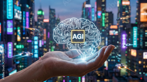 Artificial General Intelligence AGI Era Concept. AGI Digital Brain Hologram copy space