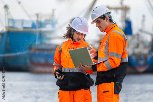 Fotografie Engineers team in safety gear and hard hats using laptop at port cargo yard, pro