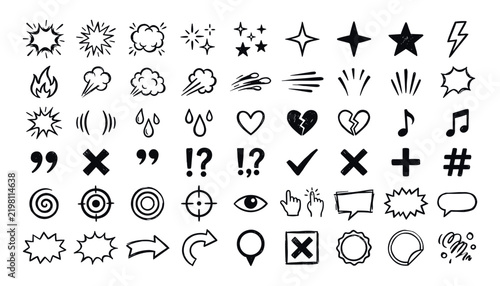 A comprehensive collection of hand drawn doodle icons featuring various shapes and symbols presented in a clean black and white vector format