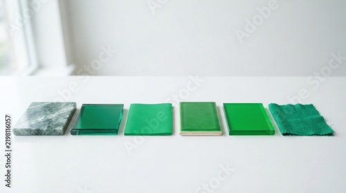 A collection of green and greenish objects arranged on a white surface, with a green cloth on the right side.