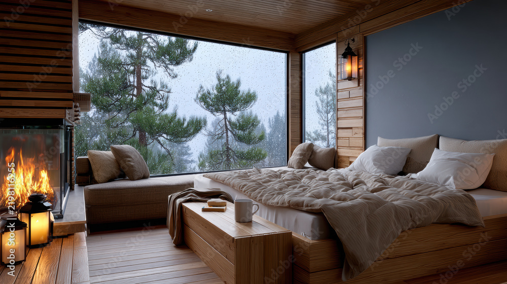 Obraz premium Cozy rustic cabin bedroom with large window, fireplace, wood interior, warm bedding, and peaceful forest view