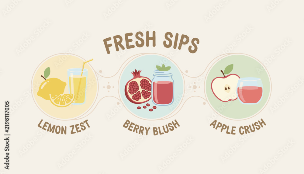 Fototapeta premium Fresh sips infographic displaying delicious juice recipes for lemon zest, berry blush, and apple crush.