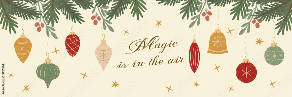 Obraz premium Hanging Christmas Ornaments And Pine Branches. Minimalist Hand drawn Vector Horizontal Banner. Magic is in the air