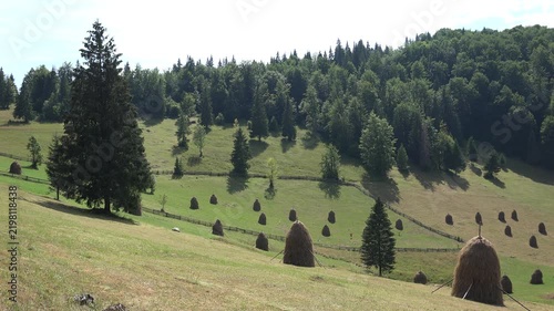 Mountains with Haystacks on Hills, Nature Landscapes, Rustic, Pastoral View