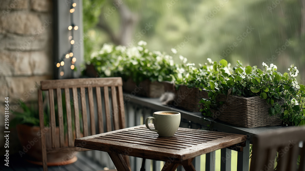 Fototapeta premium Calm balcony with wooden table, chair, coffee cup, green plants, and soft natural light, peaceful atmosphere