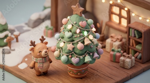 Cute toy deer beside a miniature decorated christmas tree in a cozy room