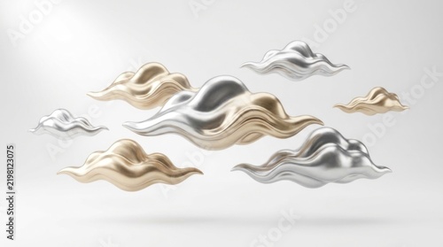 Golden and silver metallic clouds floating in the air against a white background.