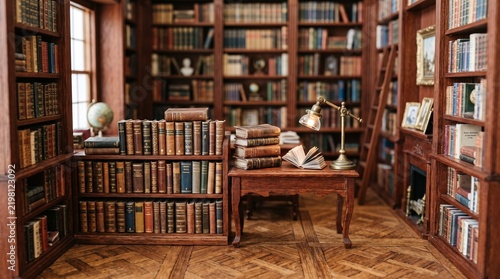 Intricate miniature Victorian dollhouse library with tiny