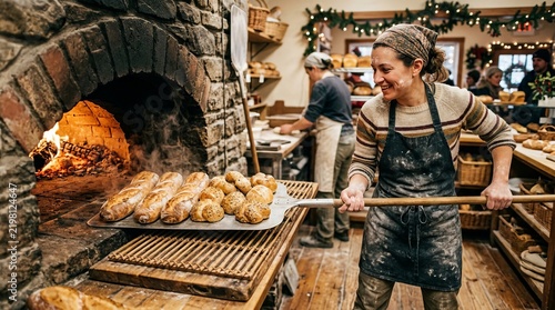 Baker putting bread into a rustic stone oven in a busy bakery with artisan bread