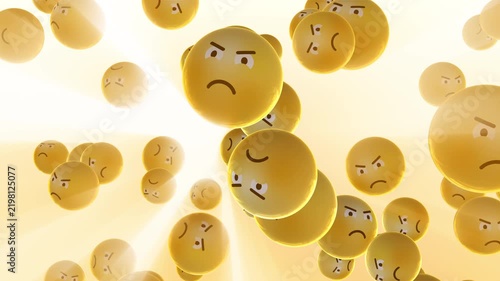 Many angry 3D emojis fly in the rays of light with gloomy faces